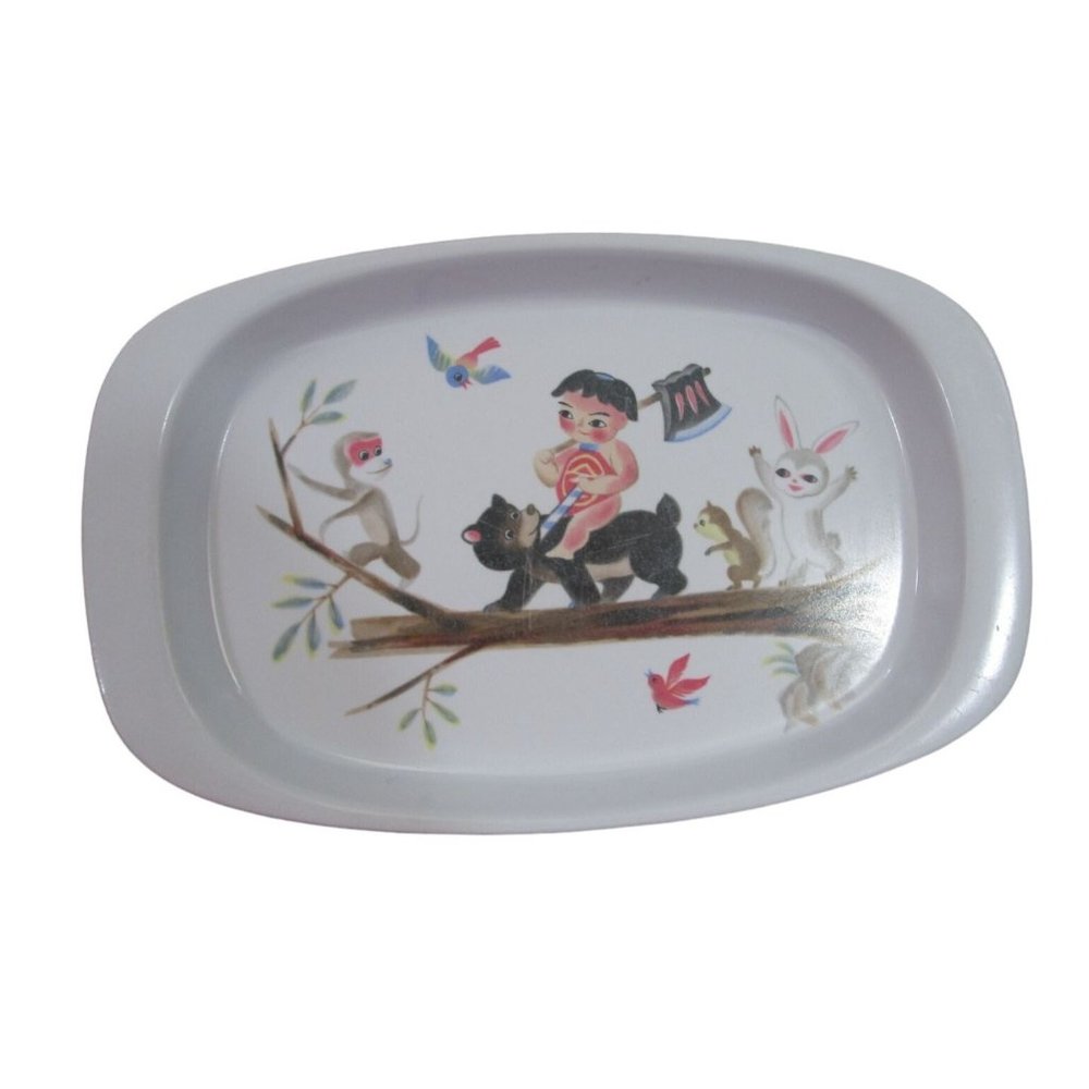 Noritake Melamine Ware Childrens Plate Tray Baby Riding Bear Vtg 60s Shows Wear